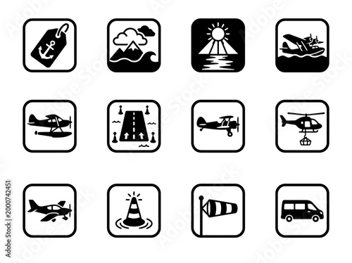 Beach flight airport travel icon set