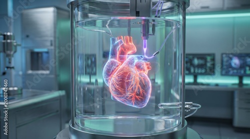 futuristic artificial heart in laboratory glass container