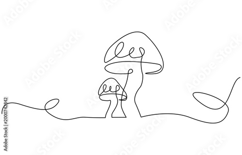Two mushrooms in continuous line art style on. Mushrooms continuous one line drawing. Hand drawn mushroom.