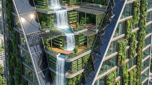 Futuristic Eco Skyscraper with Vertical Gardens and Waterfalls