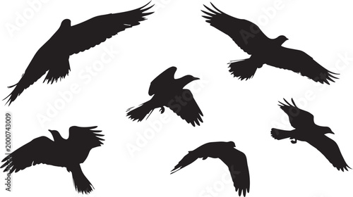 Grunge brush flying birds flock set hand drawn marker style sky silhouettes vector isolated on white background