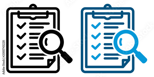 チェックリストを確認する虫眼鏡アイコン 監査・検証・タスクチェックのビジネス素材 Checklist Inspection Icon with Magnifying Glass Audit Review Verification Business Symbol
