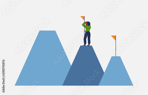 career growth and business strategy. businesswoman stands on one top of mountain and looking the next. leadership, ambitions, achieve a goal, roadmap concept. vector illustration