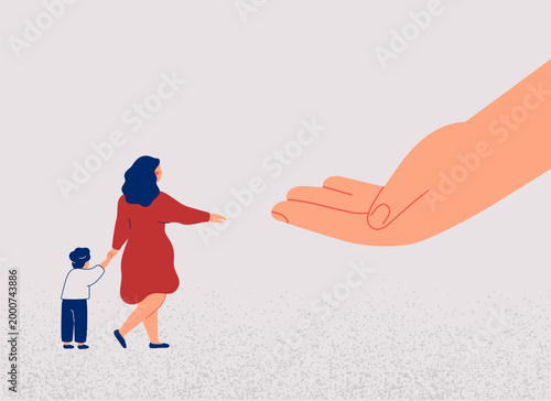 Single mother with child needs support and help from society and government. Adult gives hand to woman with baby. Financial defense, rights,medical aid and life insurance for females with kids. Vector