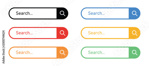 Set of colorful search bar UI set with magnifying glass icons. web buttons vector elements for website interface design. vector illustration