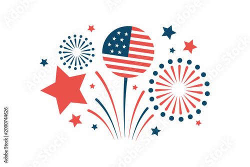 A stylized fireworks design featuring elements of the American flag. Red, white, and blue stars complement the festive scene against a white background.