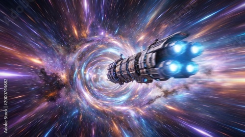 Spaceship traveling through colorful cosmic wormhole, warp speed