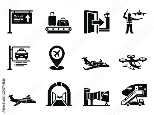 Alpine Airfield And Wind Direction Silhouette Icon Set