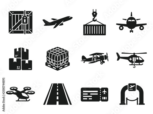 Tropical Airport And Vacation Flight Silhouette Icon Set