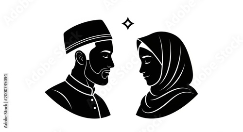 Silhouette of a Muslim couple in love, facing each other with a star above.