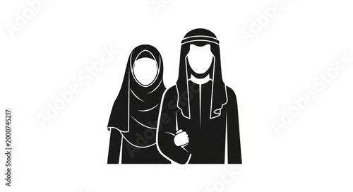 Silhouette of a Muslim couple in traditional attire, embracing each other.
