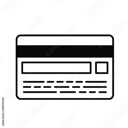 A black and white line art icon of the back of a credit card with a magnetic stripe and signature panel.