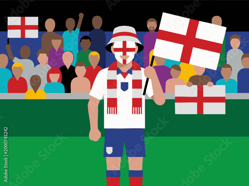 England football fan with flag and face paint in a stadium crowd