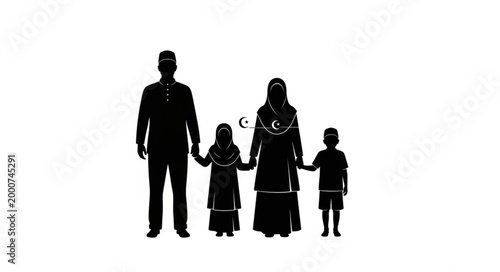 Silhouette of a Muslim family holding hands together, black and white.