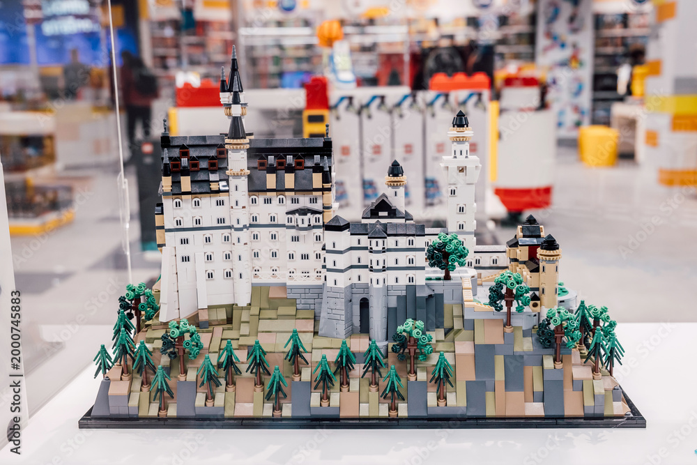 Fototapeta premium 19 October 2025, Belgrade, Serbia: Neuschwanstein Castle LEGO model showcasing intricate detail, creativity, and the joy of constructing iconic landmarks from miniature bricks