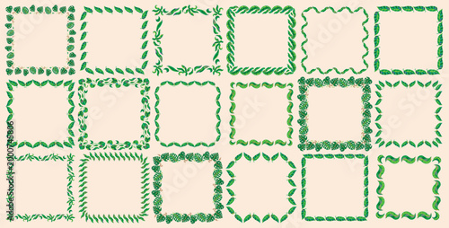 Set of vector floral seamless border patterns from tropical leaves on a beige background. 17 pattern brushes in the brush palette