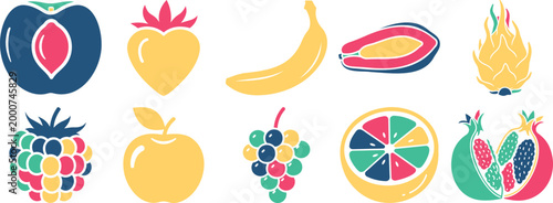 Assortment of colorful stylized fruit icons plum strawberry banana mango dragon fruit raspberry apple grapes orange pomegranate silhouette vector illustration