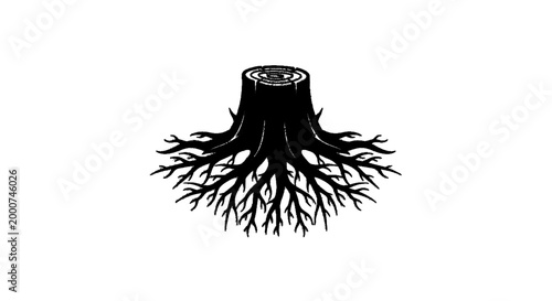 Minimal black silhouette icon, simple flat vector, bold black shape, no, no shading tree stump with roots on a, flat icon style