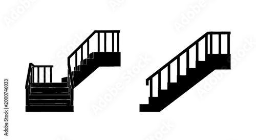 Minimal black silhouette icon, simple flat vector, bold black shape, no, no shading silhouette of wooden staircases with railings on a, flat icon style