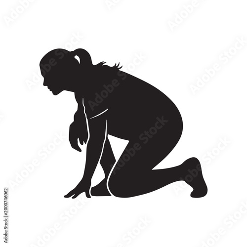 Silhouette of an Athletic Woman in a Kneeling Position Doing Fitness Exercises.