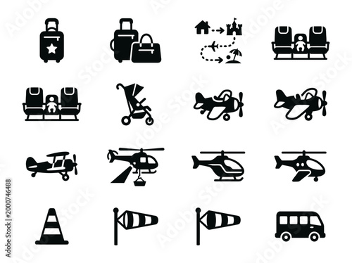 Kids Airplane Adventure And Family Travel Icon Set