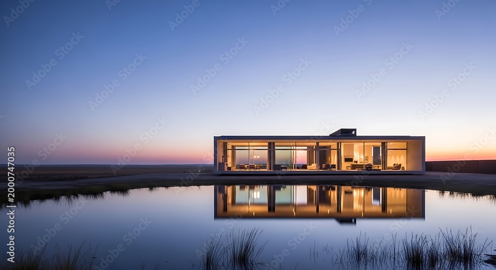 Fototapeta premium Modern Minimalist Glass House at Twilight with Reflection in Calm Water