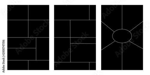 Image collage layout template. Beige mosaic mood board grid collection. Picture frame set. Photo album idea for banner, poster, comic page, flyer, brochure, booklet, memory wall design. Vector pack