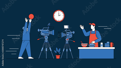 TV Production and Filming Icon Set for Broadcast, Cooking Show, and Video Recording in Digital Media and Advertising