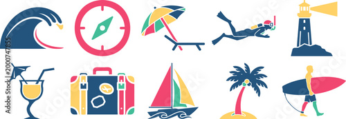 Summer vacation and travel icons including beach sun activities silhouette vector illustration palm tree deck chair vacation silhouette vector illustration