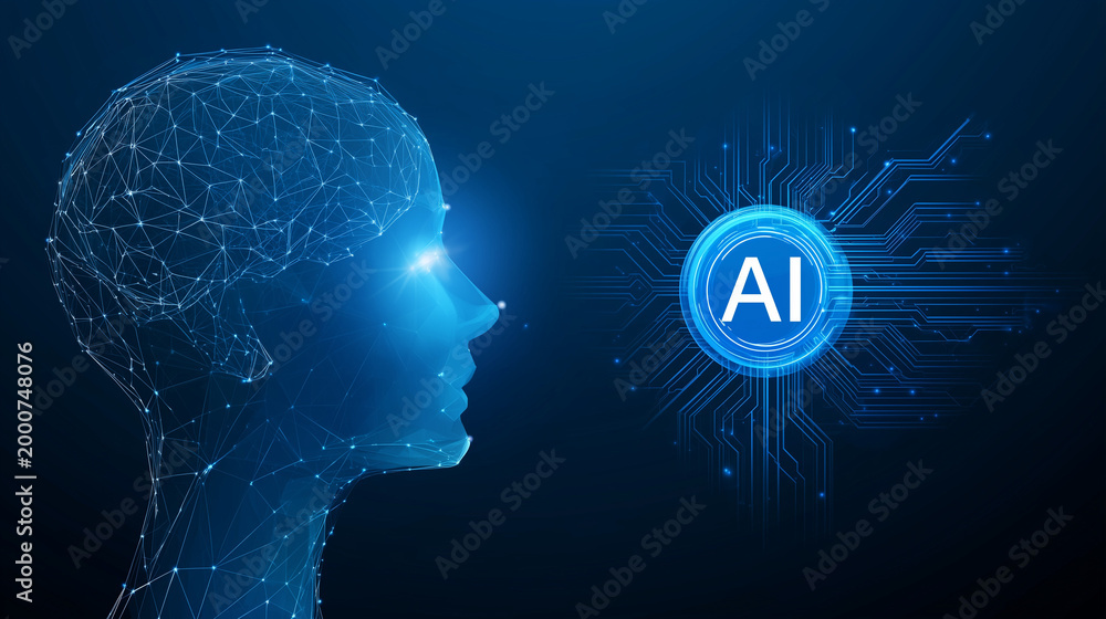 Obraz premium Artificial Intelligence Head with Circuit Brain and Digital Technology Background