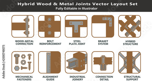 Mixed material joinery vector icons set, top view hybrid structure symbols, wood metal connections, bolts, brackets, structural support CAD design
