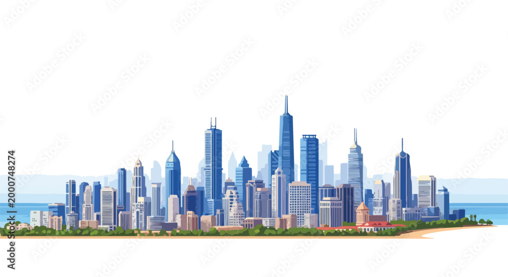 Fototapeta premium Panoramic view of a modern city skyline with tall skyscrapers and buildings against a clear blue sky and water, with lush greenery in the foreground.