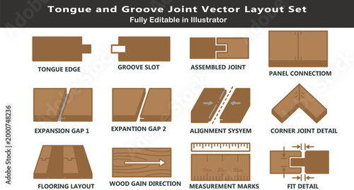 Tongue and groove vector icons set, top view woodworking layout symbols, flooring panels, alignment system, expansion gaps, precision fit CAD design