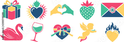 Romantic and celebratory symbols including gifts hearts love fruit silhouette vector illustration with celebration, collection, illustration silhouette vector illustration