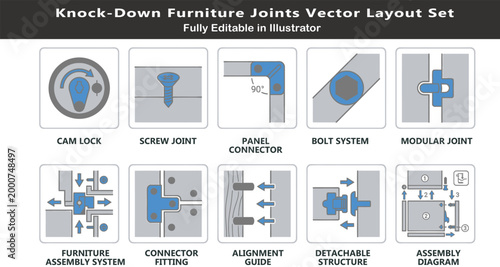 Detachable joinery vector icons set, top view modular furniture assembly symbols, cam lock, bolts, connectors, alignment guides, CAD design