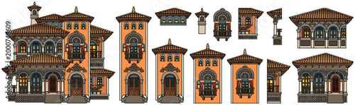 Set of separate mediterranean luxury villas with terracotta roofs, ornate balconies and detailed facades. Vector architectural collection on a light background