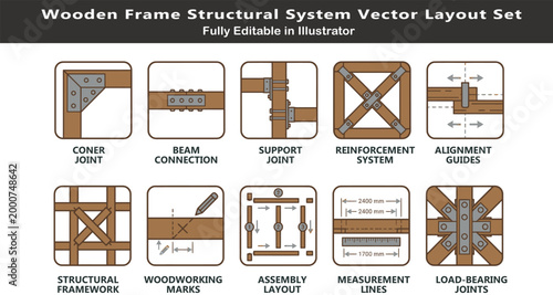 Frame structure joint vector icons set, top view woodworking framework layout symbols, corner joints, beam connections, reinforcement, load bearing CAD design