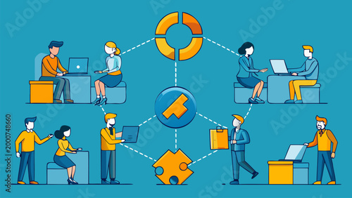 Characters collaborating on tasks represented by puzzle pieces and gear icons. Flat vector illustration for team synergy, problem solving, and workflow optimization.
