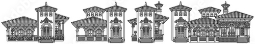 Set of separate mediterranean luxury villas in black outline style. Vector line art collection of houses with terracotta roofs, ornate balconies and detailed facades