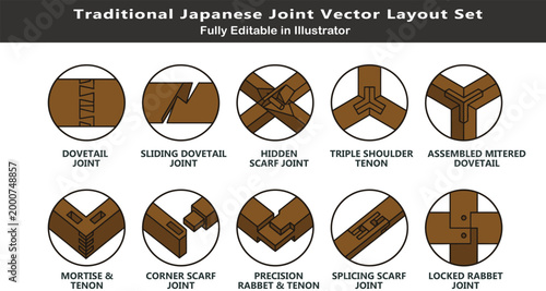 Japanese wood joinery vector icons set, top view traditional woodworking layout symbols, interlocking sliding joints, precision cuts, hidden connections CAD design
