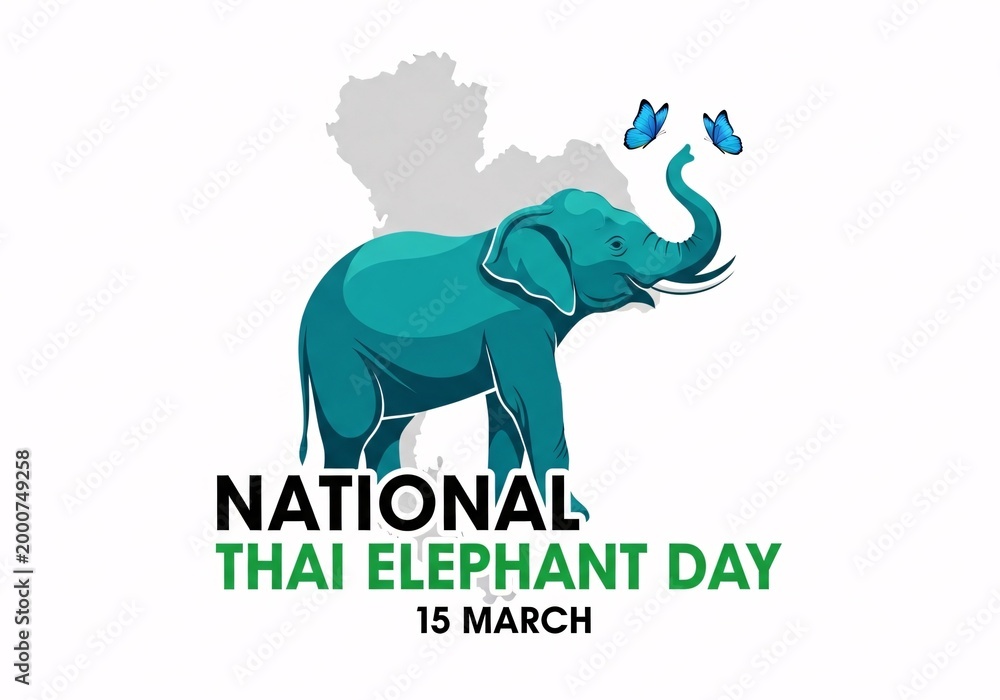 Obraz premium National thai elephant day poster with teal elephant and butterflies on white background