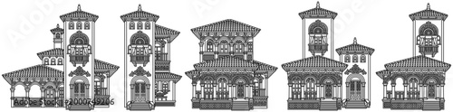 Set of separate mediterranean luxury villas in black outline style. Vector line art collection of houses with terracotta roofs, ornate balconies and detailed facades