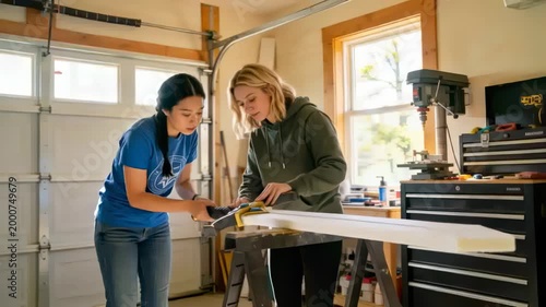Cutting women blue shirt, green hoodie guiding saw starting on sawhorses in garage trimming molding