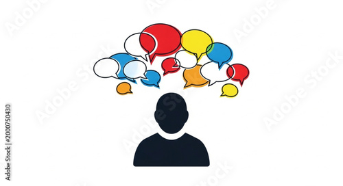 Silhouette of a person with colorful speech bubbles above their head representing communication and ideas.