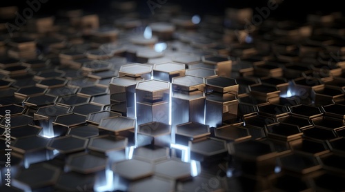Abstract representation of cryptographic hashing with cascading hexagonal patterns and blue gold light