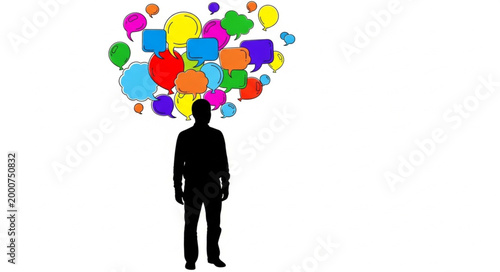 Silhouette of a person with colorful speech bubbles above their head.