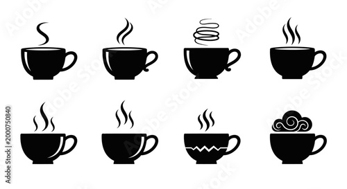 Abstract coffee cup icons featuring diverse steam effects and stylized mugs for coffee shop logos or unique beverage menu illustrations isolated on white space