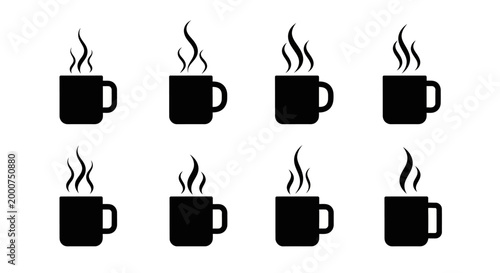 Grid of eight steaming coffee mugs in a simple, minimalist silhouette design on clean white background
