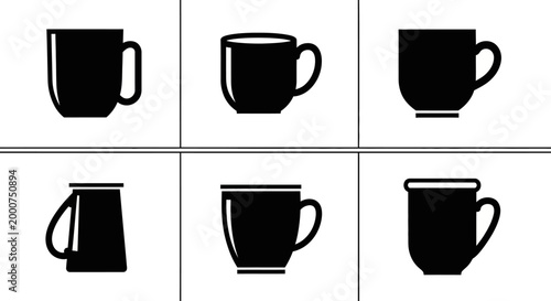six different styles of coffee cups simple black and white vector illustrations showcasing unique shapes and designs for hot beverages minimalist graphic elements on white