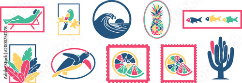 Beach and ocean elements relaxing person parrot wave pineapple fish sea turtle citrus slices coral silhouette vector illustration with pineapple silhouette vector illustration